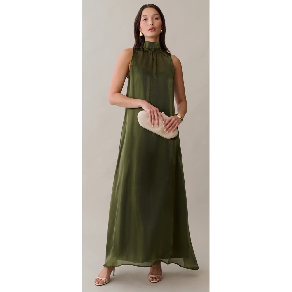 Few Moda CAARA Olive Green Shimmer Metallic Halter Maxi Dress Size M NEW